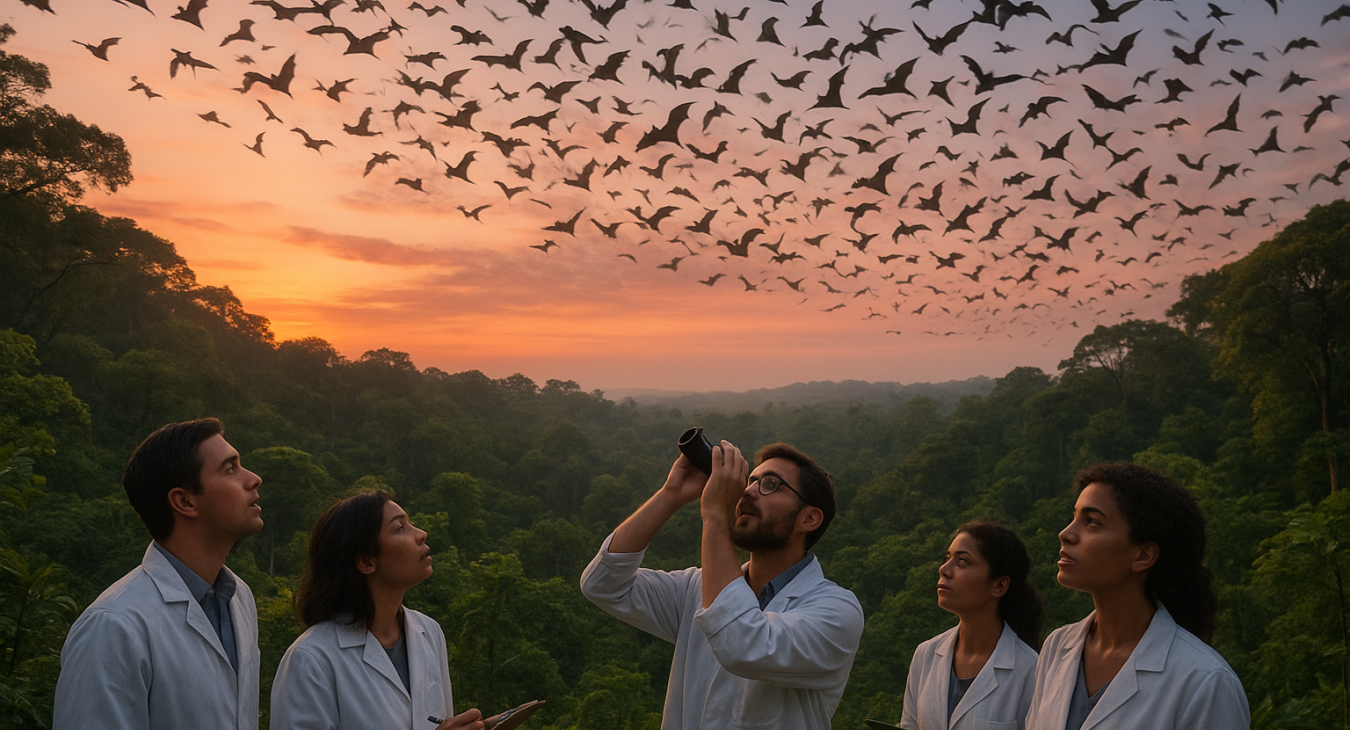 A group of diverse scientists observing a swarm of bats flying over a lush, vibrant forest at dusk.