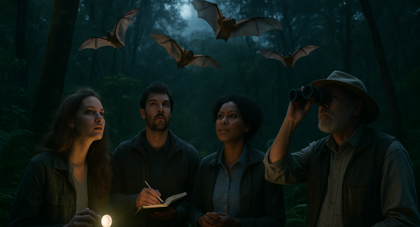 A diverse group of men and women studying bats in a lush, moonlit forest ecosystem, captured in wide-angle cinematic lighting.