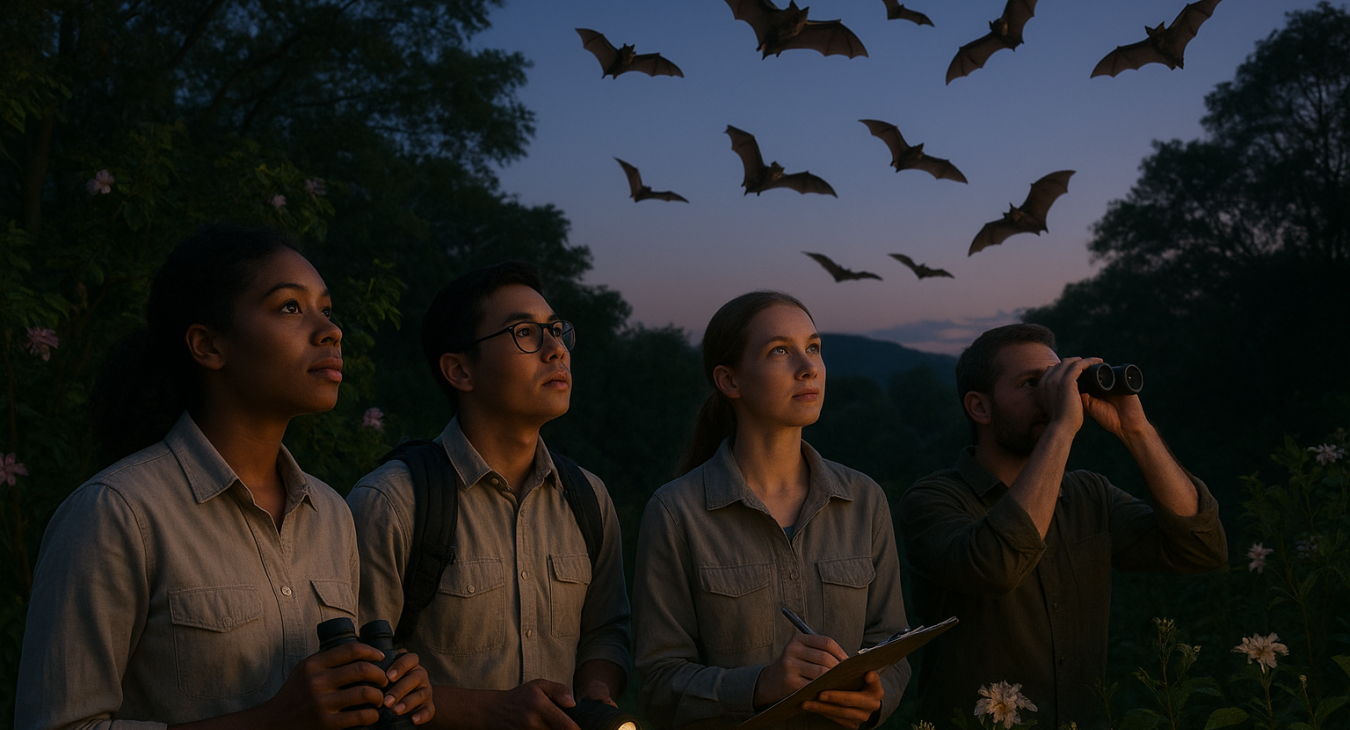 A photorealistic landscape at twilight featuring a diverse group of scientists outdoors, observing bats flying near lush trees and blooming night flowers to study their ecological role.