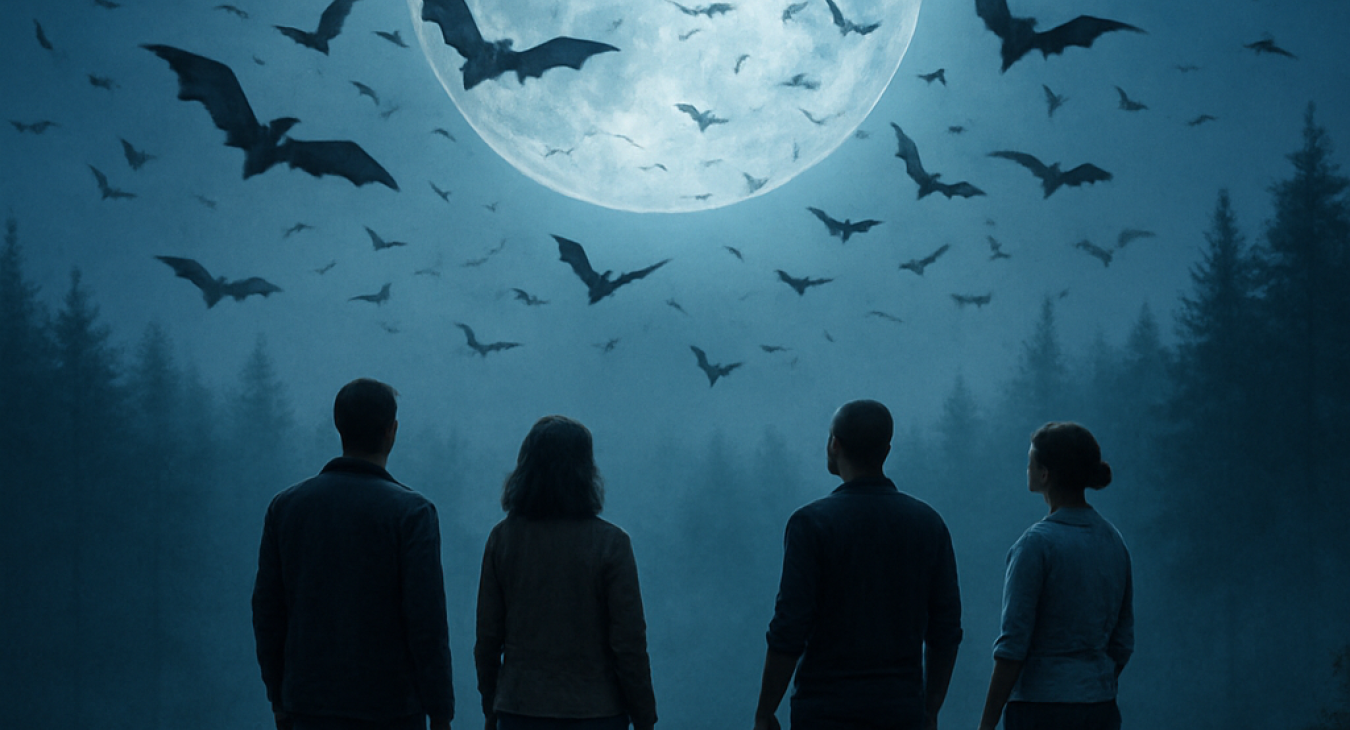 A diverse group of men and women standing on a rocky cliff at twilight, gazing in wonder at a swirling swarm of bats flying against a massive, luminous full moon through a misty nocturnal forest.