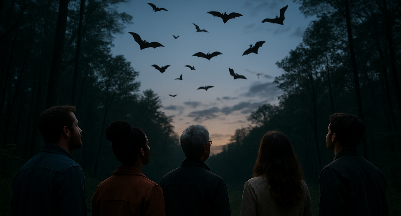 A diverse group of men and women standing in a twilight forest, watching a colony of bats fly through the dusk sky.