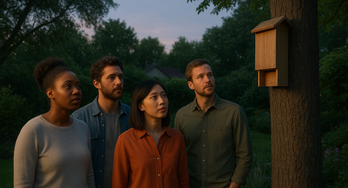 A diverse group of men and women standing in a lush suburban garden at dusk, looking curiously at a small wooden bat house mounted on a tree under a soft twilight sky.