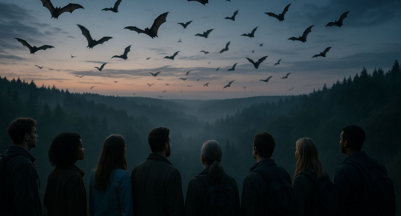 A diverse group of men and women observing bats flying over a misty Danish forest at twilight, captured in a cinematic, wide-angle photorealistic landscape shot.