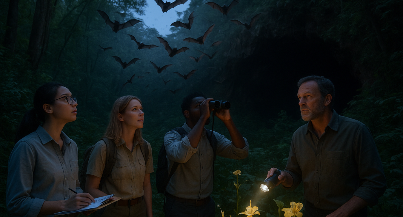 A photorealistic twilight forest landscape showing scientists observing a colony of bats emerging from a cave to pollinate nocturnal flowers.