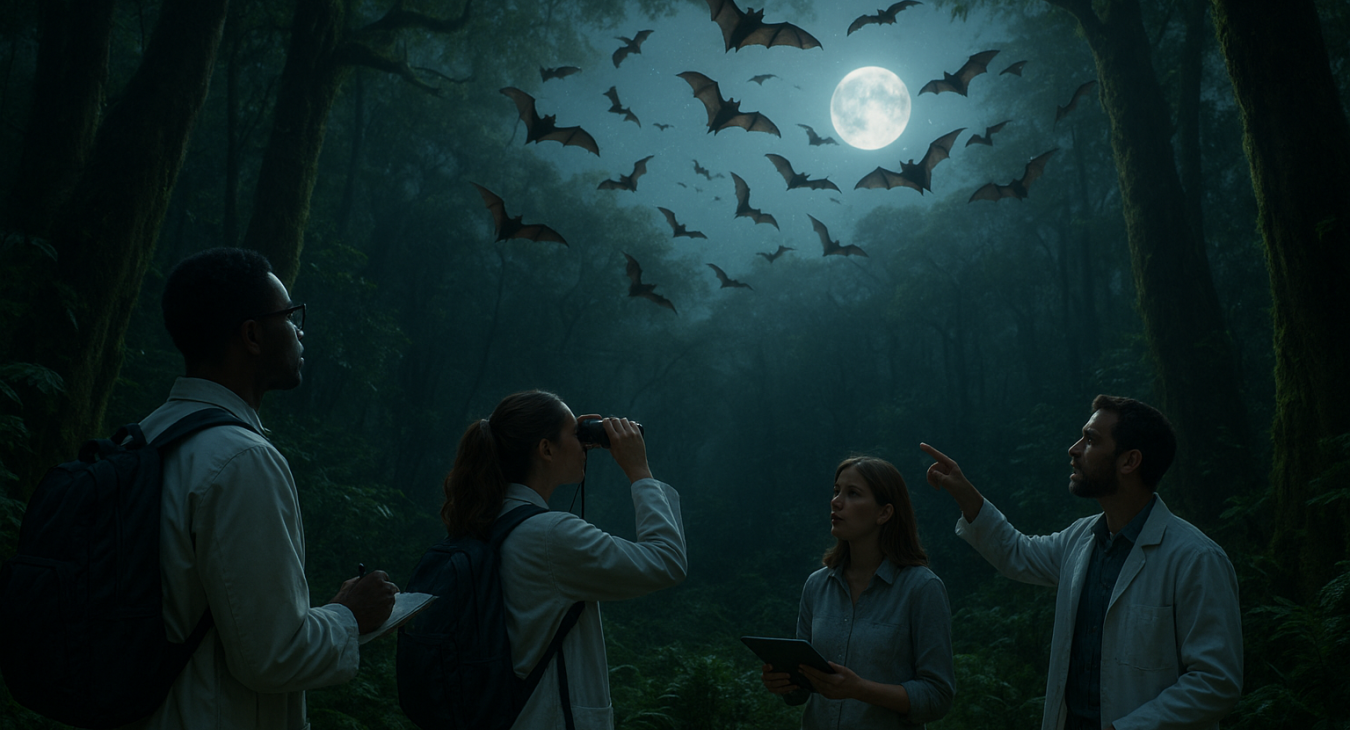 A photorealistic nocturnal forest landscape under bright moonlight, where a group of male and female scientists observe a swarm of bats flying among ancient trees.