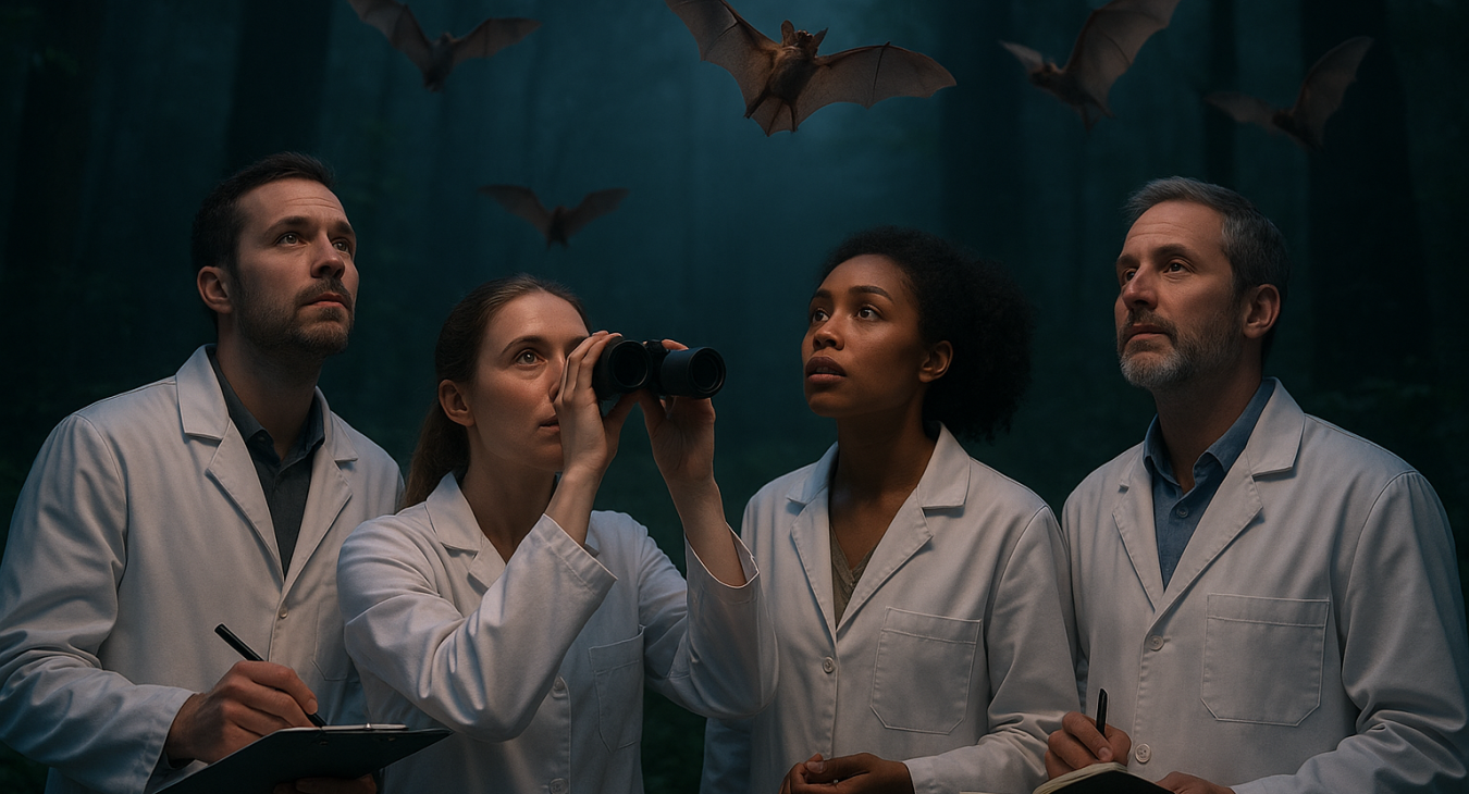 A group of diverse scientists observing various bat species in a lush, twilight forest with cinematic lighting.