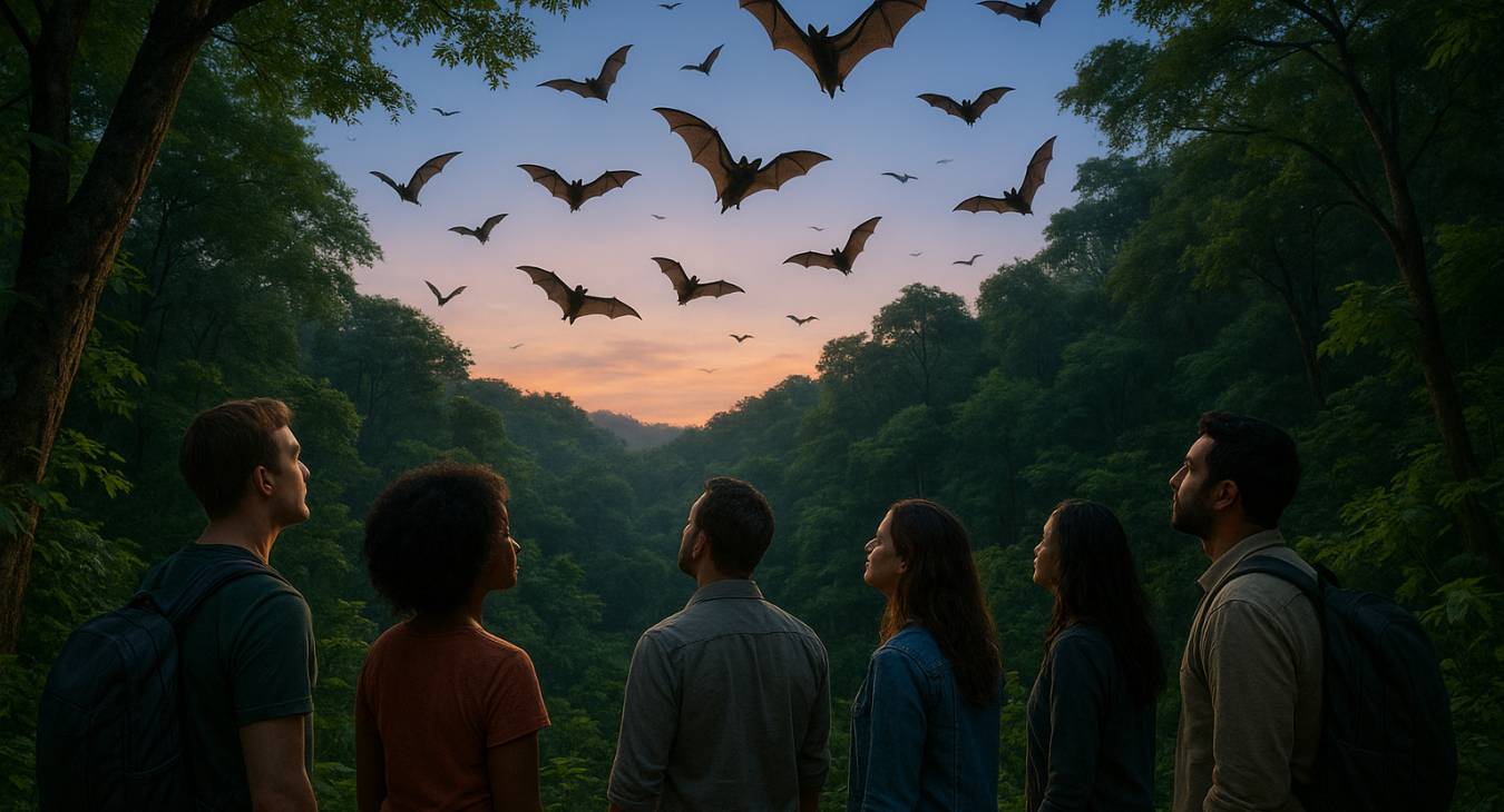 A diverse group of people observing bats flying through a lush, vibrant forest ecosystem at twilight.