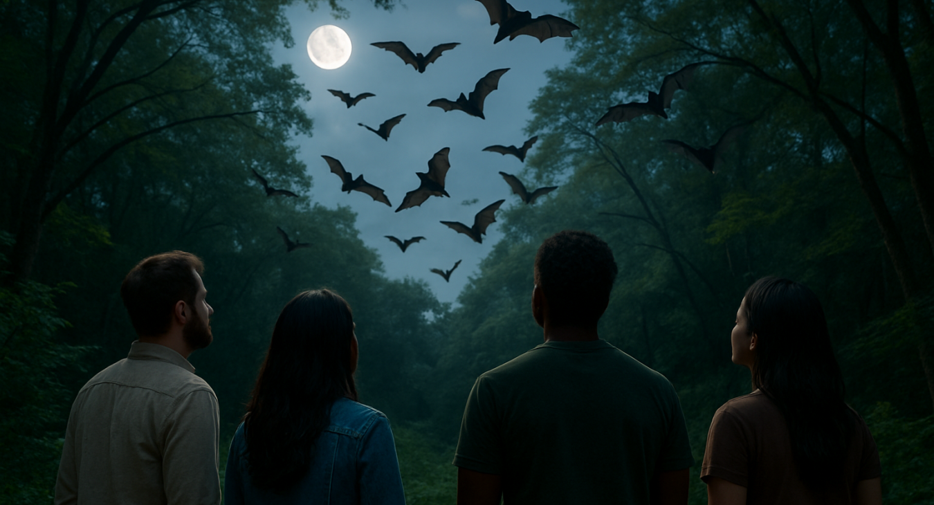 A diverse group of men and women observing a colony of bats flying through a moonlit forest canopy, capturing a moment of ecological wonder.