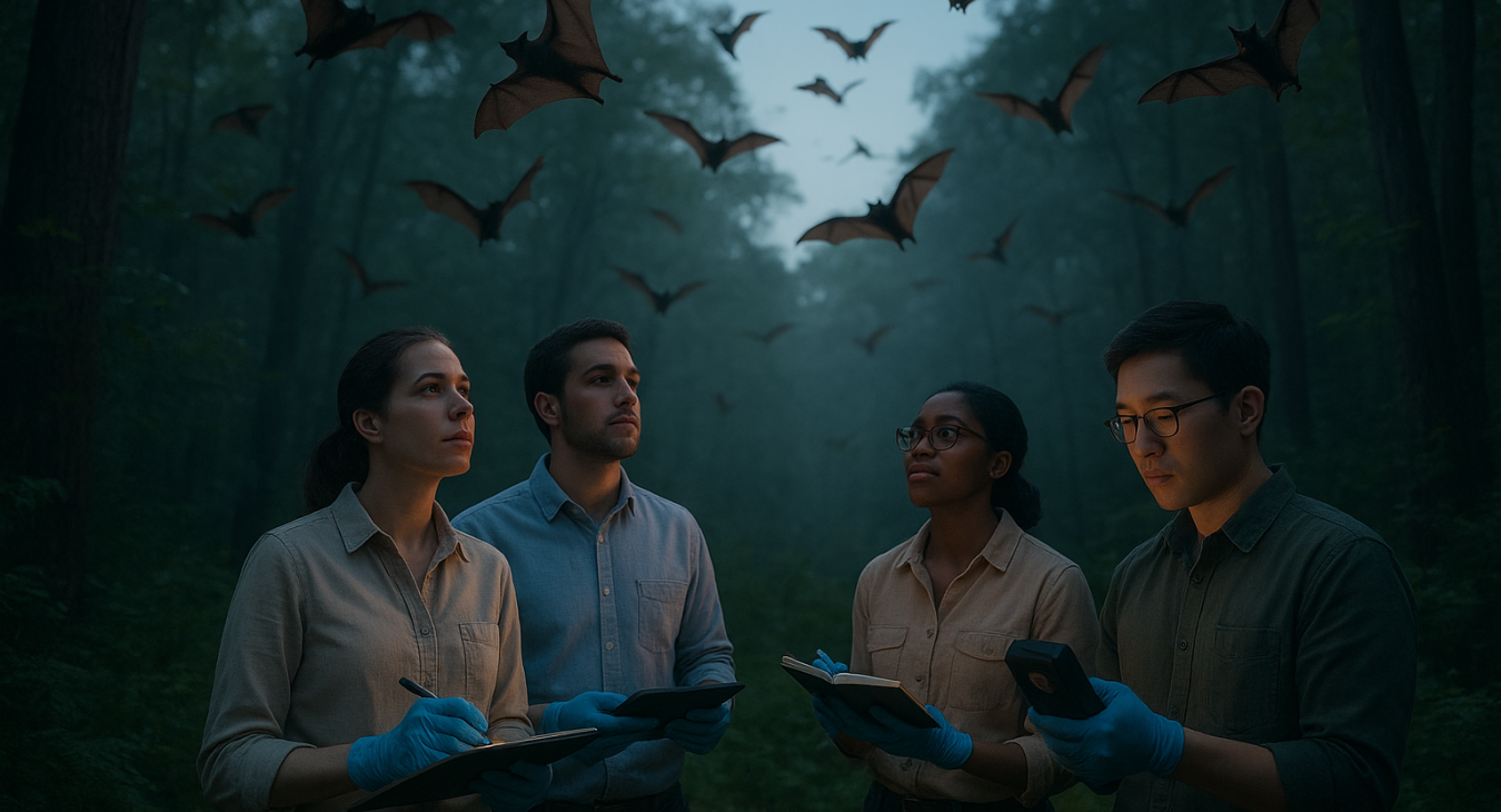 A diverse group of scientists studying bats in a lush forest at twilight, with bats flying through the soft evening light.