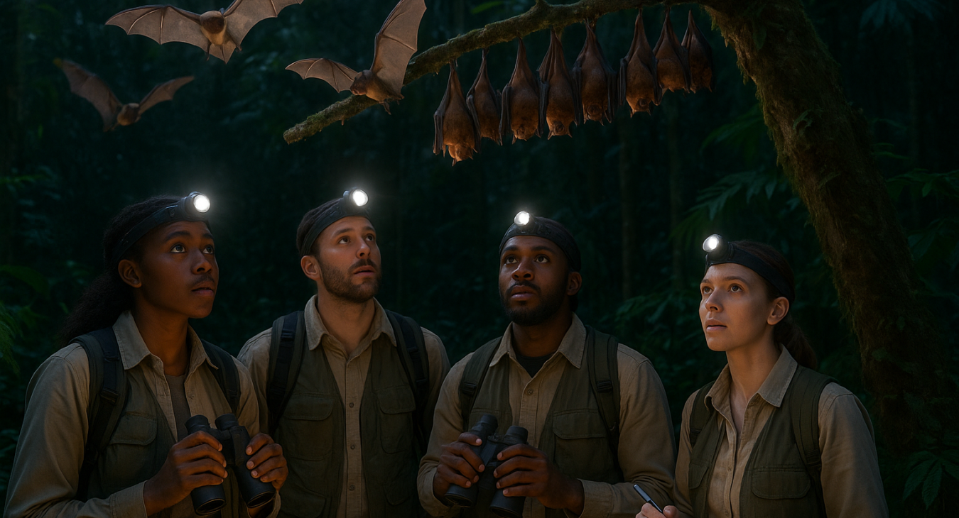 A diverse group of scientists in field gear using headlamps and binoculars to observe fruit bats in a lush, nocturnal tropical forest.