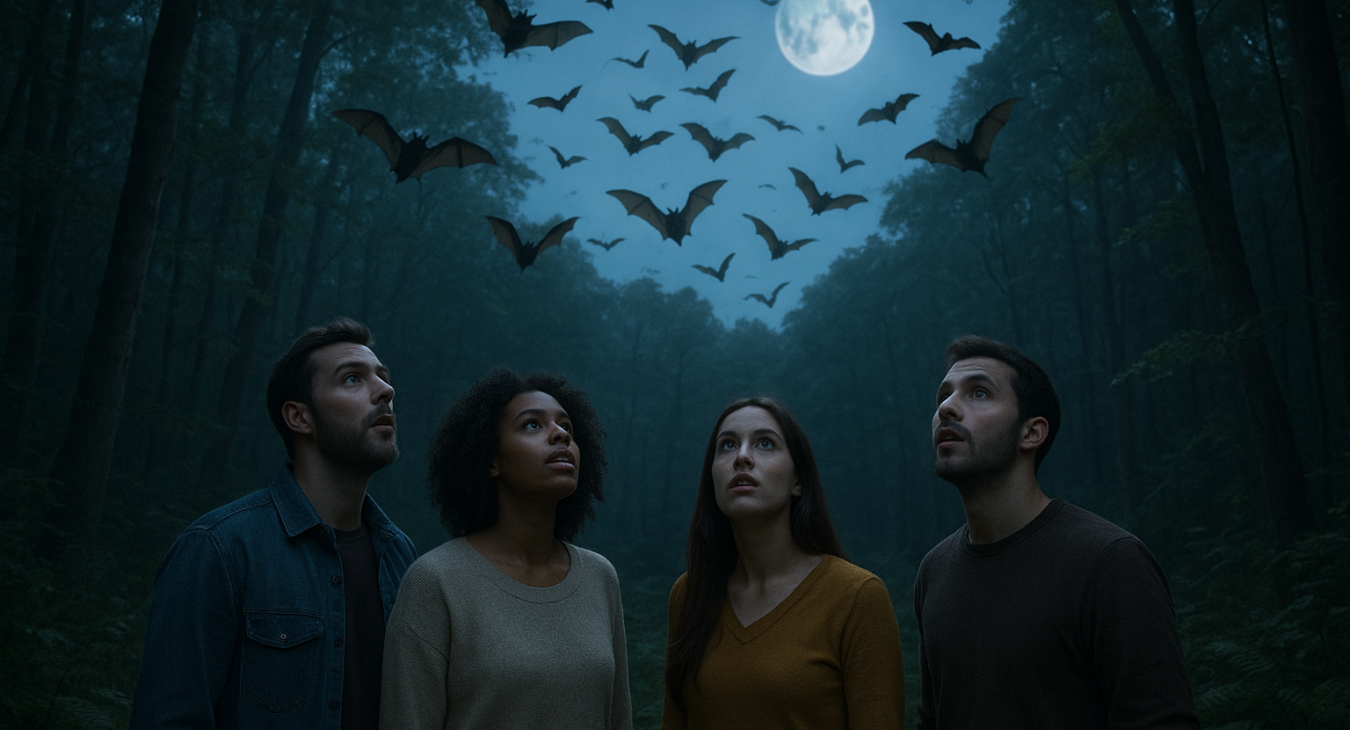 A diverse group of men and women standing in a lush twilight forest, looking up in fascination at a colony of bats flying gracefully through the moonlight.
