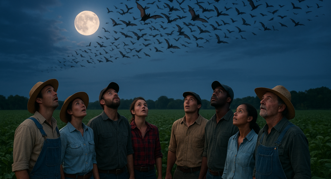 A photorealistic landscape at twilight showing a group of male and female farmers looking up in awe at a large colony of bats flying across a large moonlit sky above a lush agricultural field.