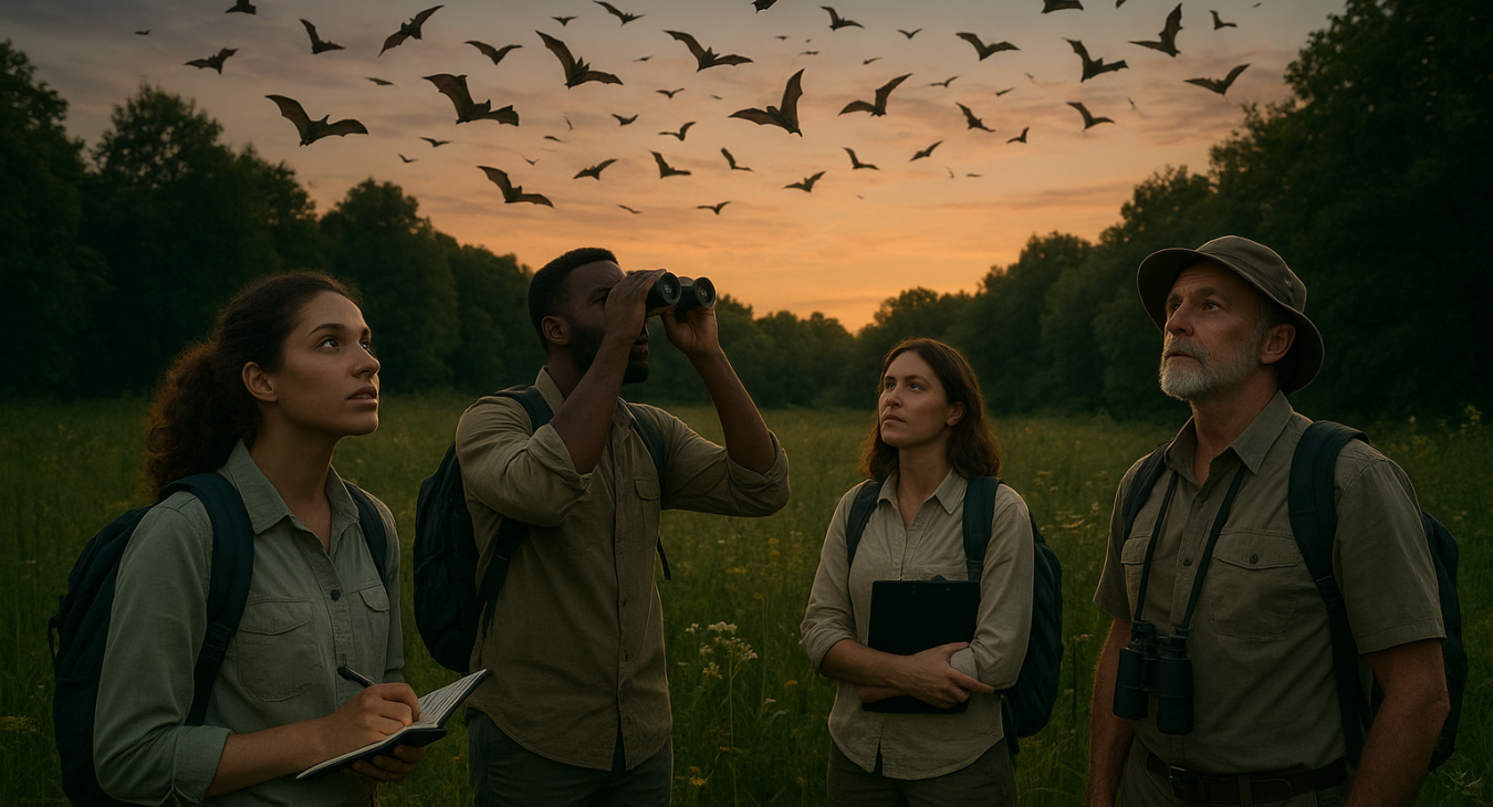 A diverse group of male and female biologists observing a swarm of bats flying over a lush evening meadow in a healthy ecosystem.