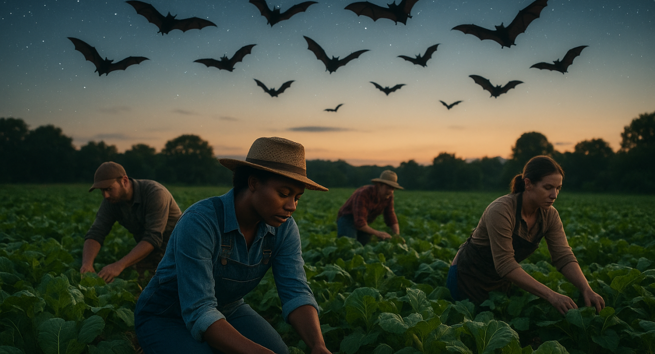 A photorealistic twilight landscape of diverse male and female farmers working in a lush organic crop field under a starlit sky, with bat silhouettes flying above the crops.