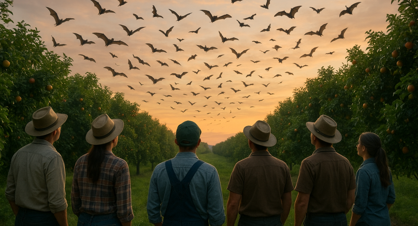 A photorealistic landscape of a lush orchard at dusk, where a diverse group of male and female farmers observe a massive swarm of beneficial bats flying between fruit trees to control pests.