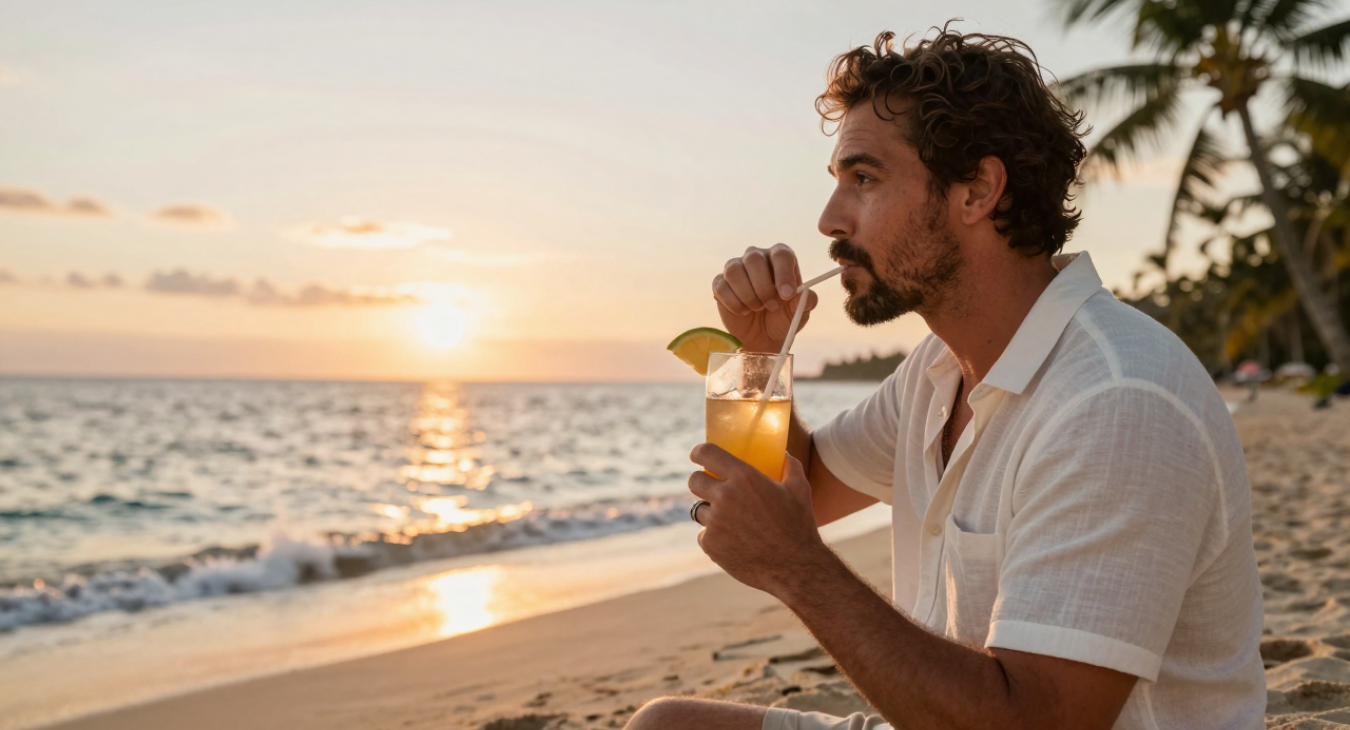 A wealthy man standing on a sandy beach, looking out at the ocean.