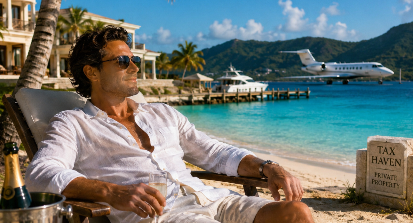Cartoon illustration of a tropical island with palm trees, turquoise water, a setting sun, and floating dollar bills, with the text 'TAX HAVEN' overlaid.