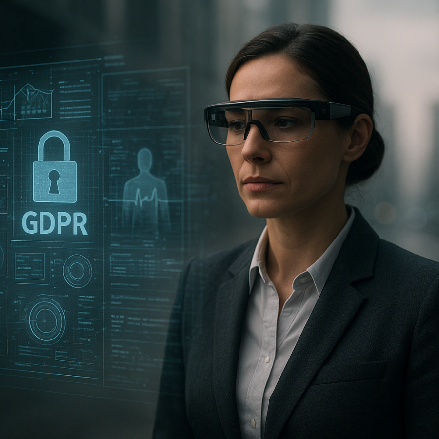 Sophisticated woman in professional attire wearing augmented reality glasses calmly reviewing complex holographic data streams and biometric feeds.
