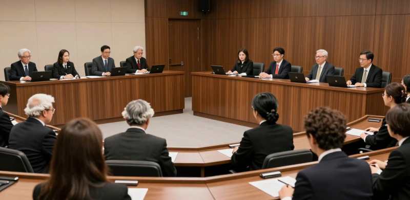 Courtroom with lawyers and judge